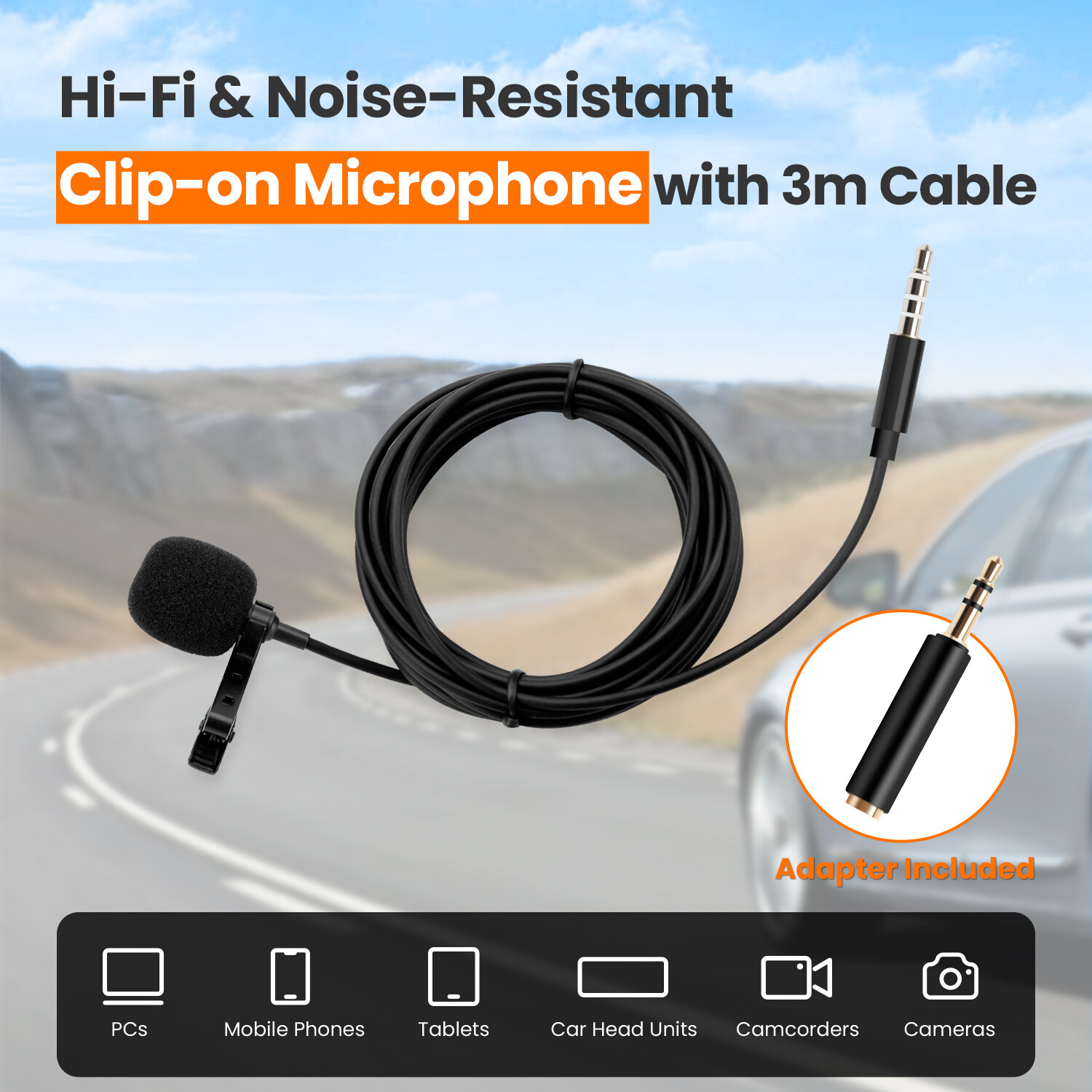 XTRONS Hi-Fi Noise-Resistant Clip-on Microphone 3m Cable for Car Stereo GPS PC