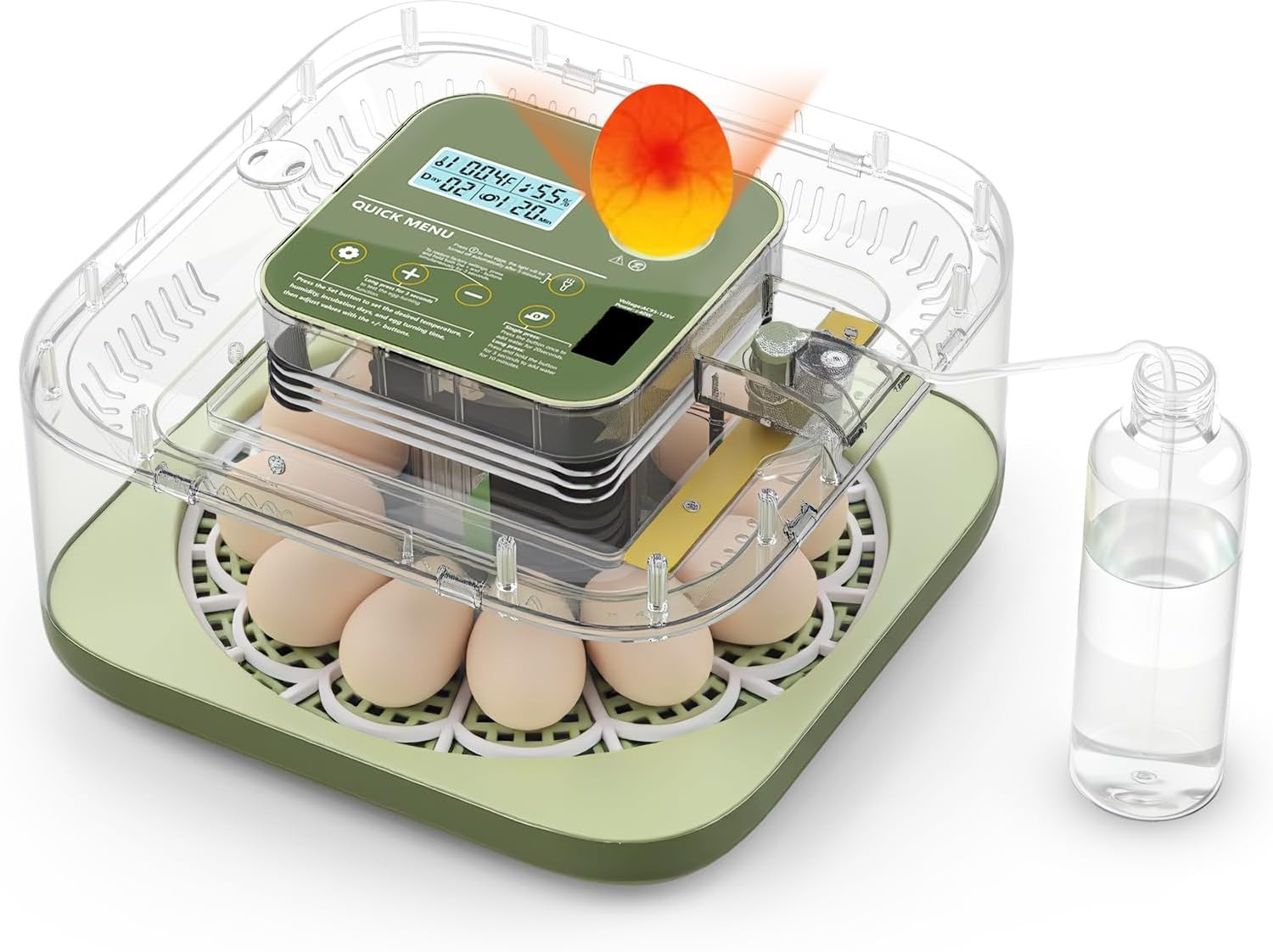 12 Egg Incubator with Humidity Display & Built-In Candler, Automatic Turner