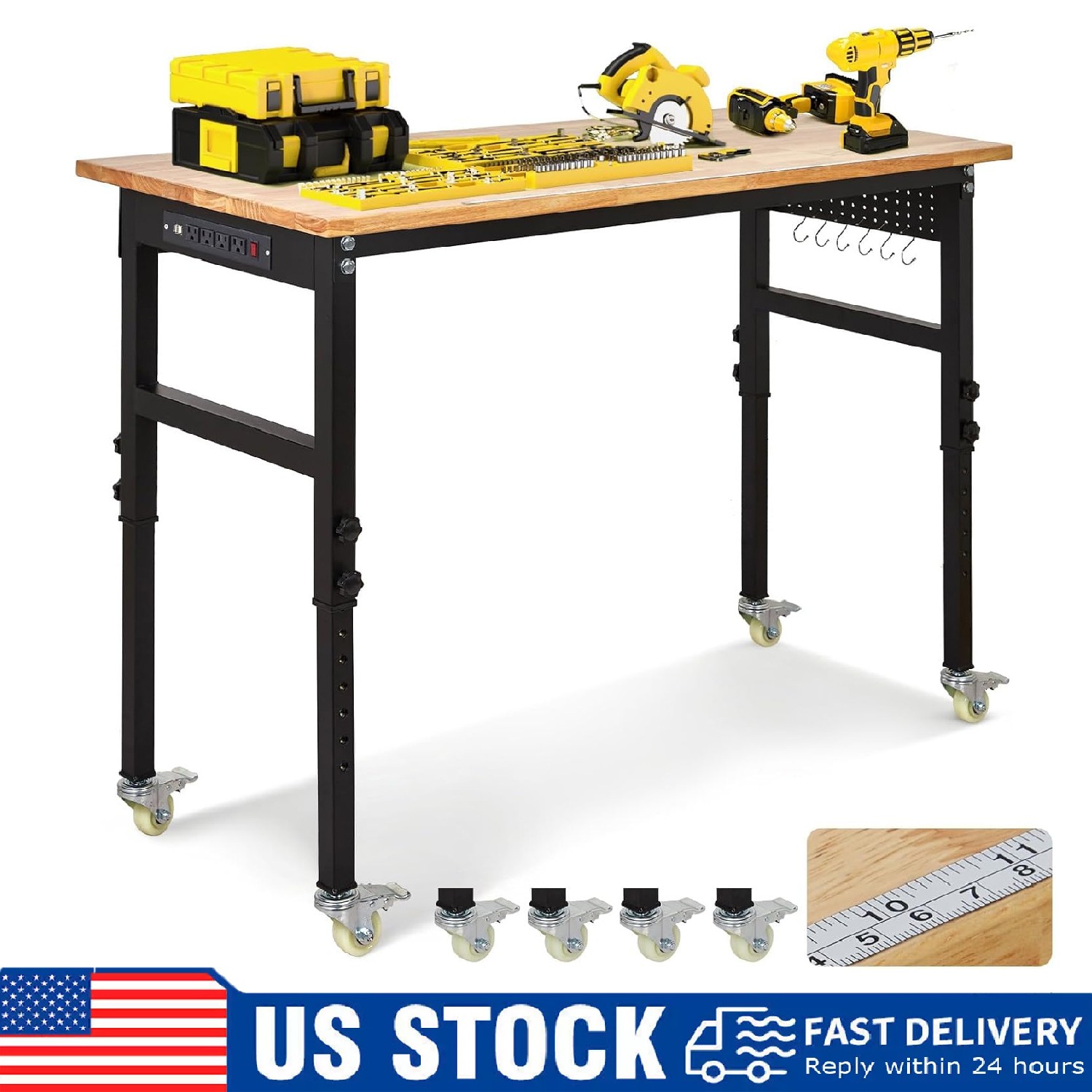 48" Adjustable Workbench 2000Lbs Load Work Bench with Pegboard & Power Outlets