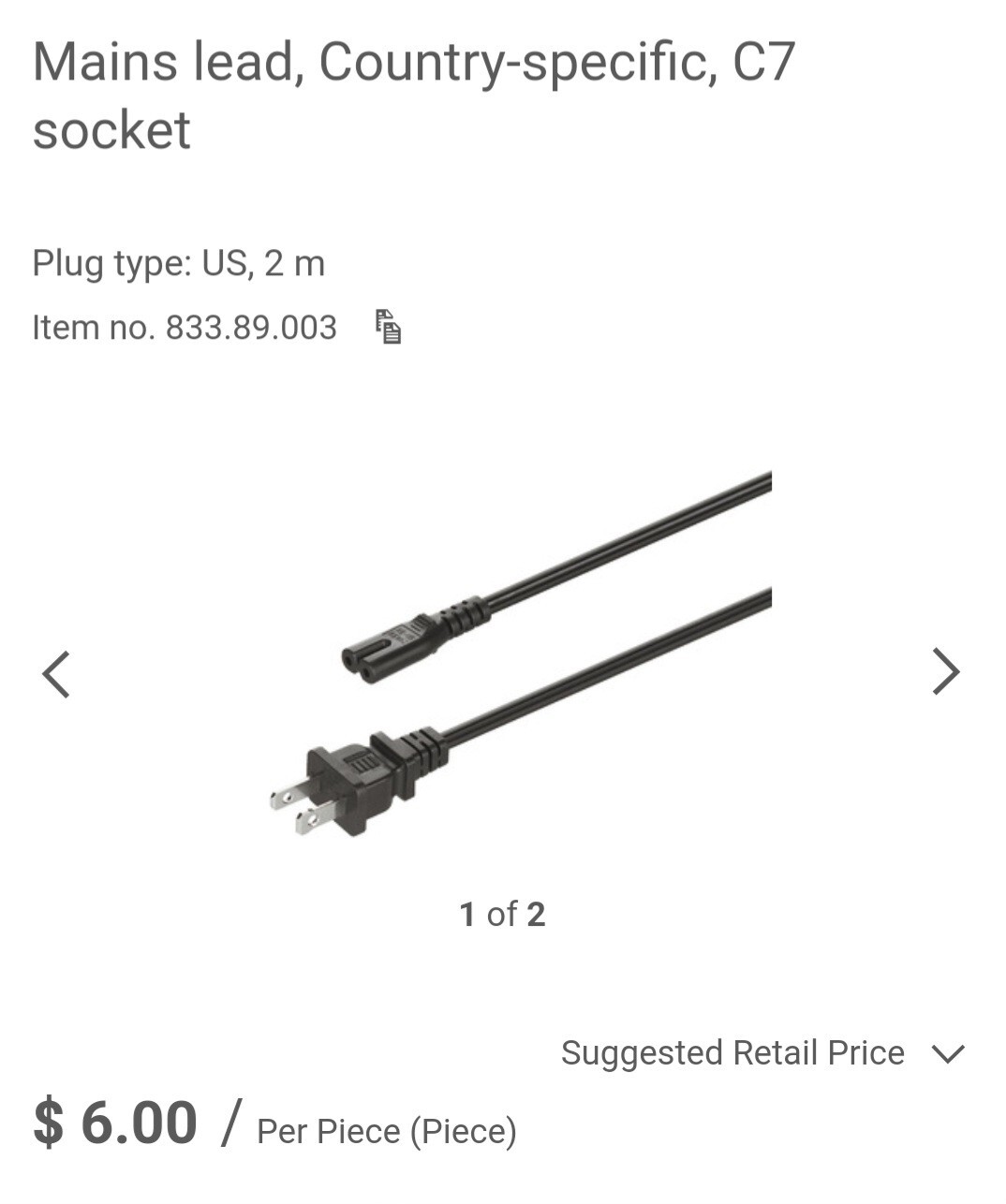 Hafele Mains Lead C7 Socket 833.89.003