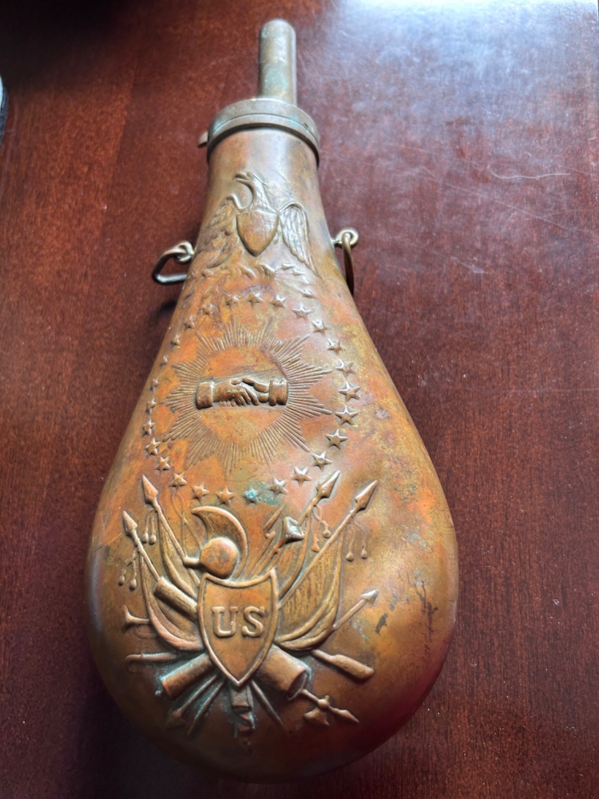 Vtg US Civil War Reproduction Copper & Brass Powder Peace Flask Eagle Patriot