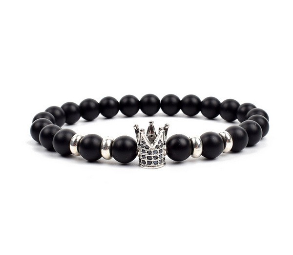Luxury CZ Micro Pave Crown Bracelet Men Matte Black Stone Hexagon Beads Bangle