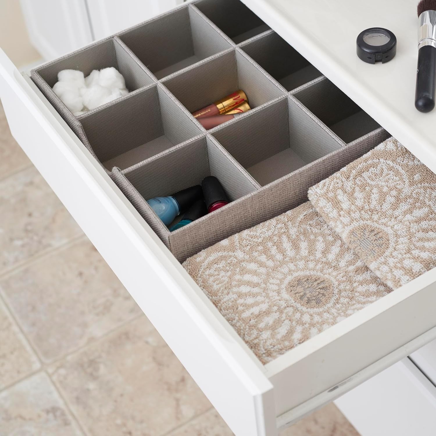 Grey 9-Compartment Fabric Drawer Organizer, 12" x 12" - Elegant Storage Solution