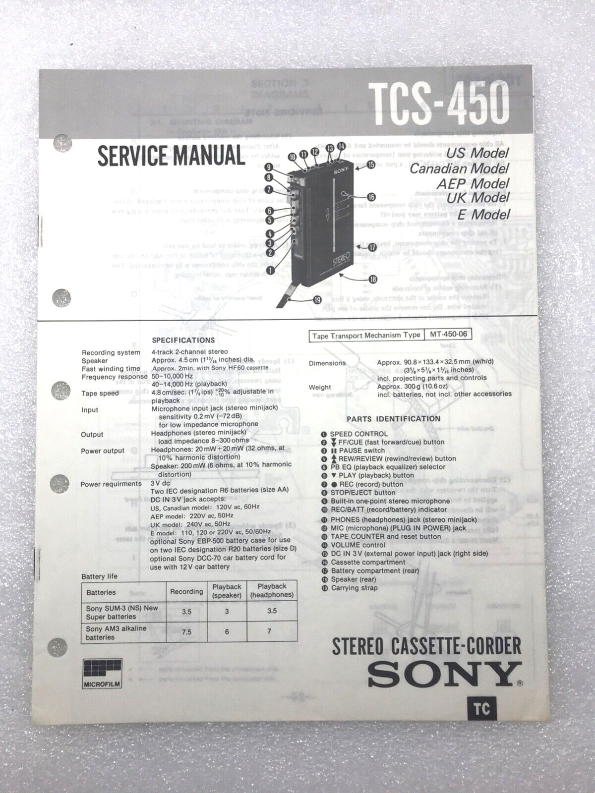 Original OEM Sony TCS-450 Service Manual Repair Stereo Cassette Corder  1985