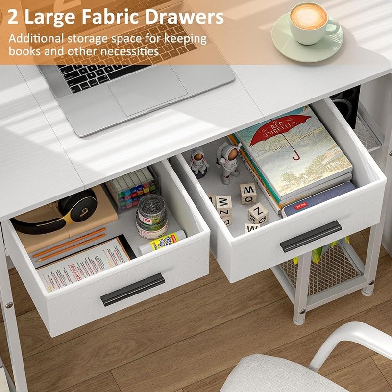Modern Computer Desk W/ Storage Shelves Fabric Drawers Wood Metal Frame New