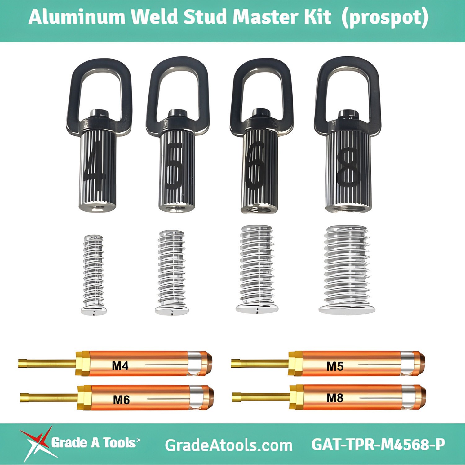 Grade A Tool Aluminum Dent Puller Weld Stud Master Kit - M4, M5, M6, M8