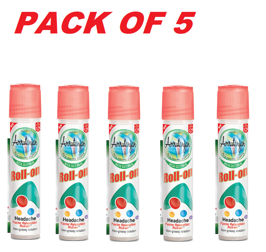 PACK OF 5 Amrutanjan roll on - 5 ml Headache, nasal congestion AMRUTANJAN