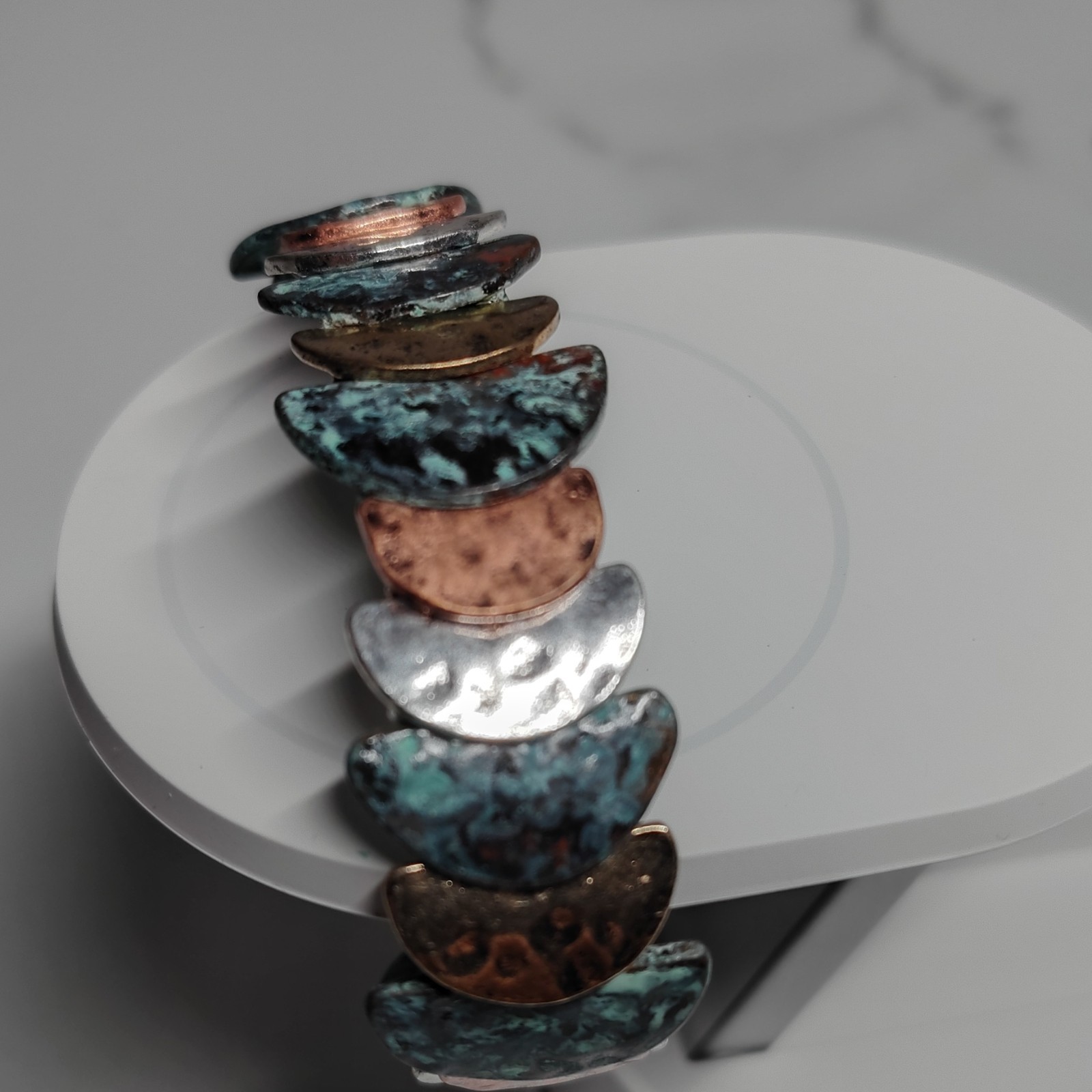 Multicolor Copper Link Bracelet, Artisan Half Moon Design, Art Theme