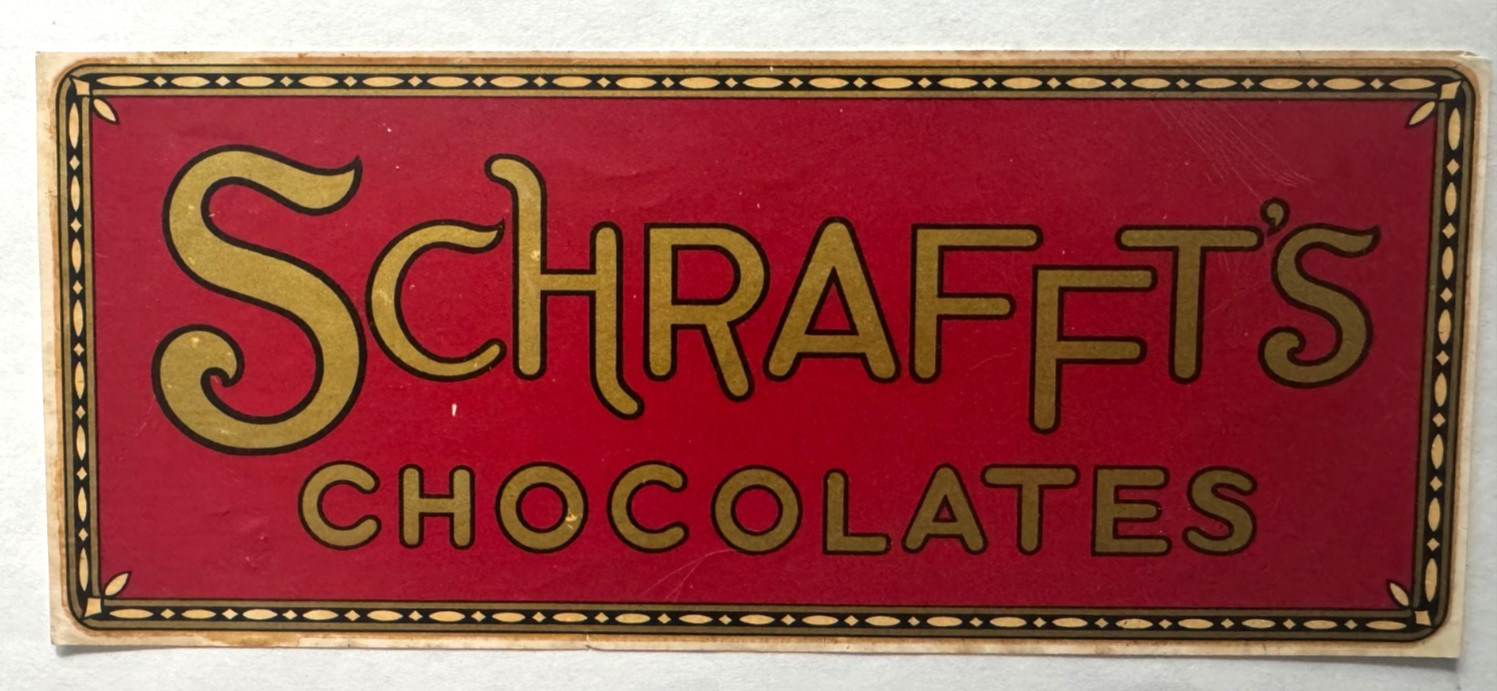 Vintage Meyercord "Schrafft's Chocolates" Decalcomania Window Sign Decal no 302