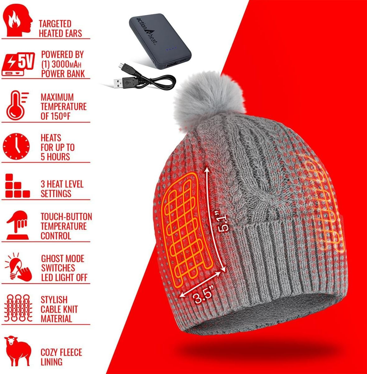 Rechargeable Heated Knit Hat - 150°F, 5 Hours of Warmth, Grey
