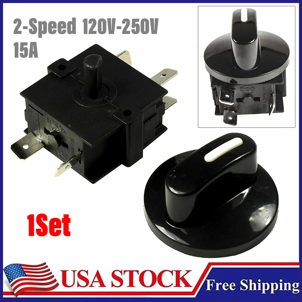 Rotary Switch w/ Knob 4-Position 3-Speed 120-250V, 15A Fan Heater Speed Selector