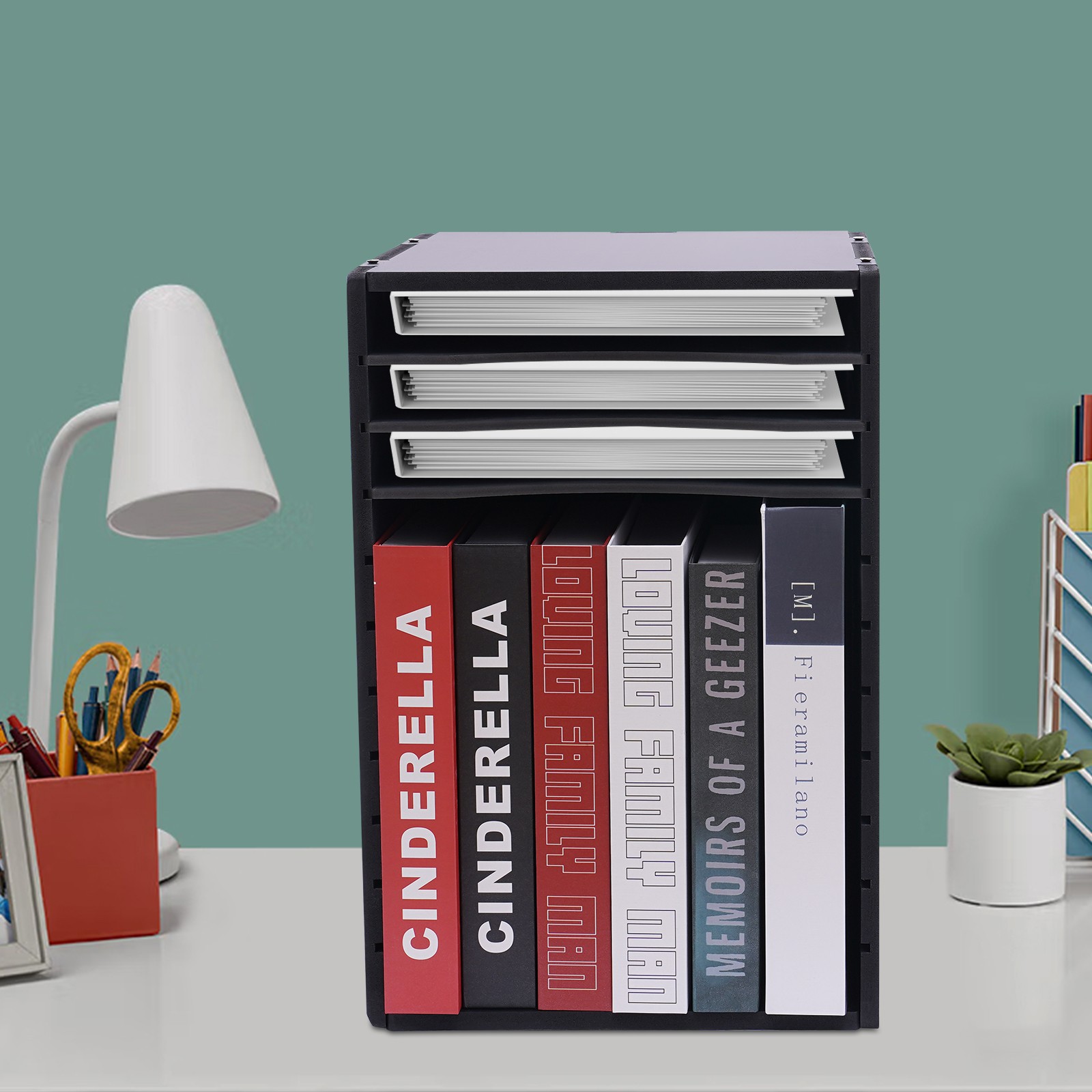 Vertical Desktop Sorter, 11 Compartment, Black, Letter-size Shelves