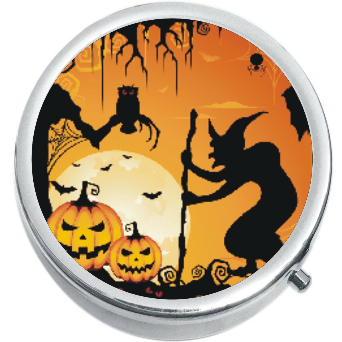 Witch Bats Pumpkins Halloween Medicine Pill Box