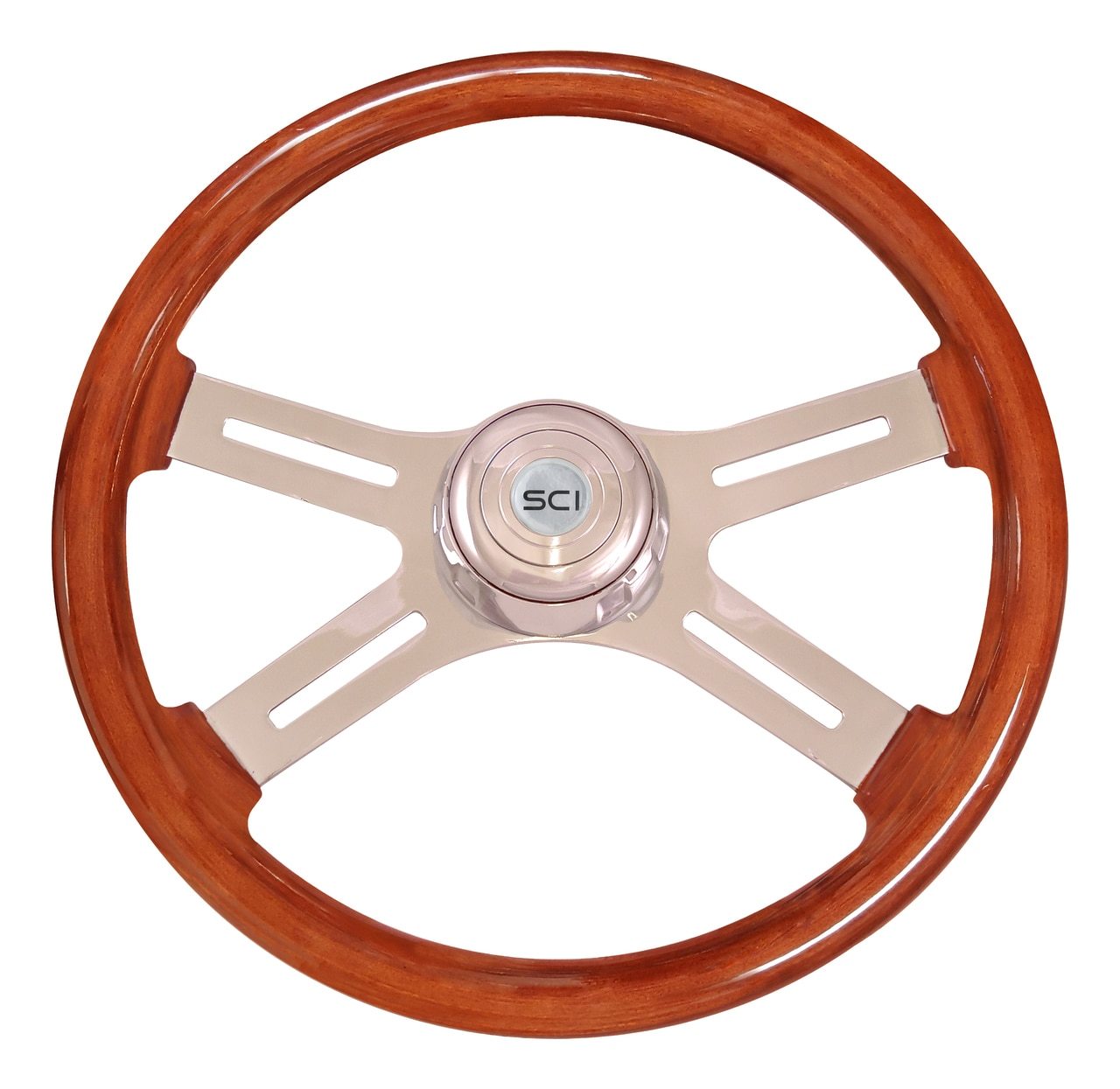 18 Inch Chrome 4 Spoke Polished Mahogany Steering Wheel W/ Bezel & Horn