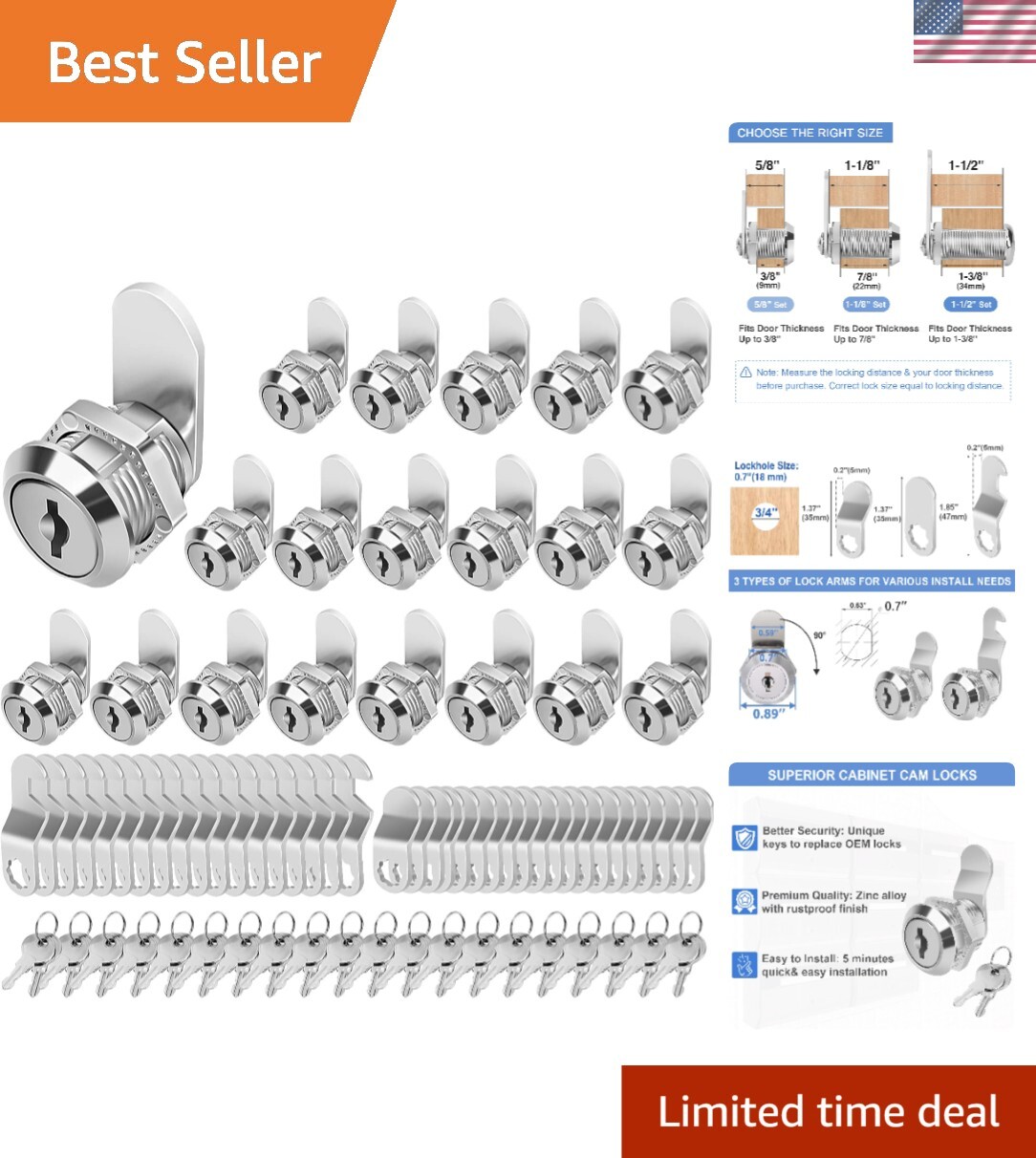 20 Pack Keyed Alike 5/8" Cabinet Locks with Keys - Waterproof Durable Zinc Alloy
