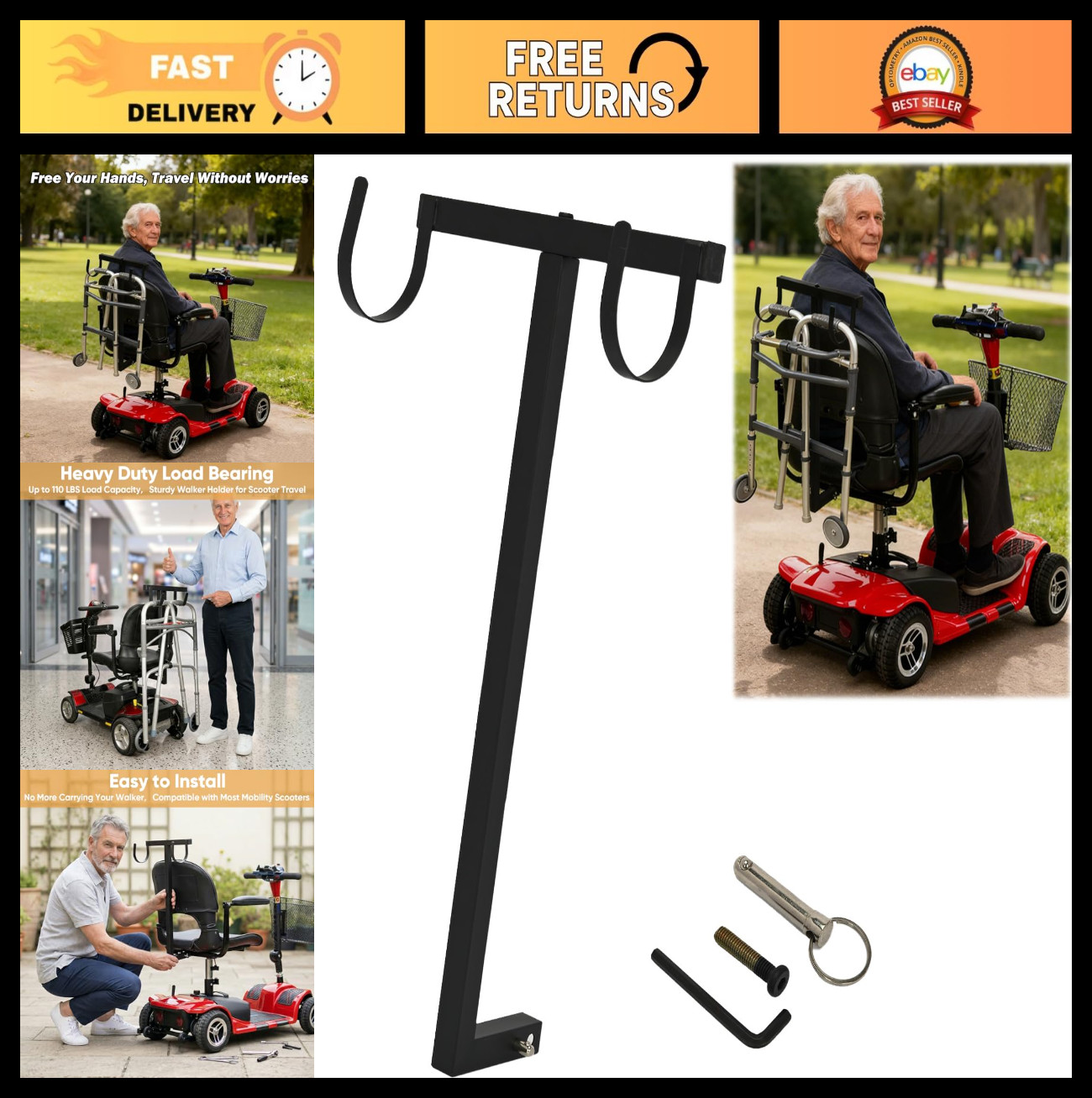 Universal Walker Holder for Mobility Scooters - Heavy Duty, Lightweight, Easy In