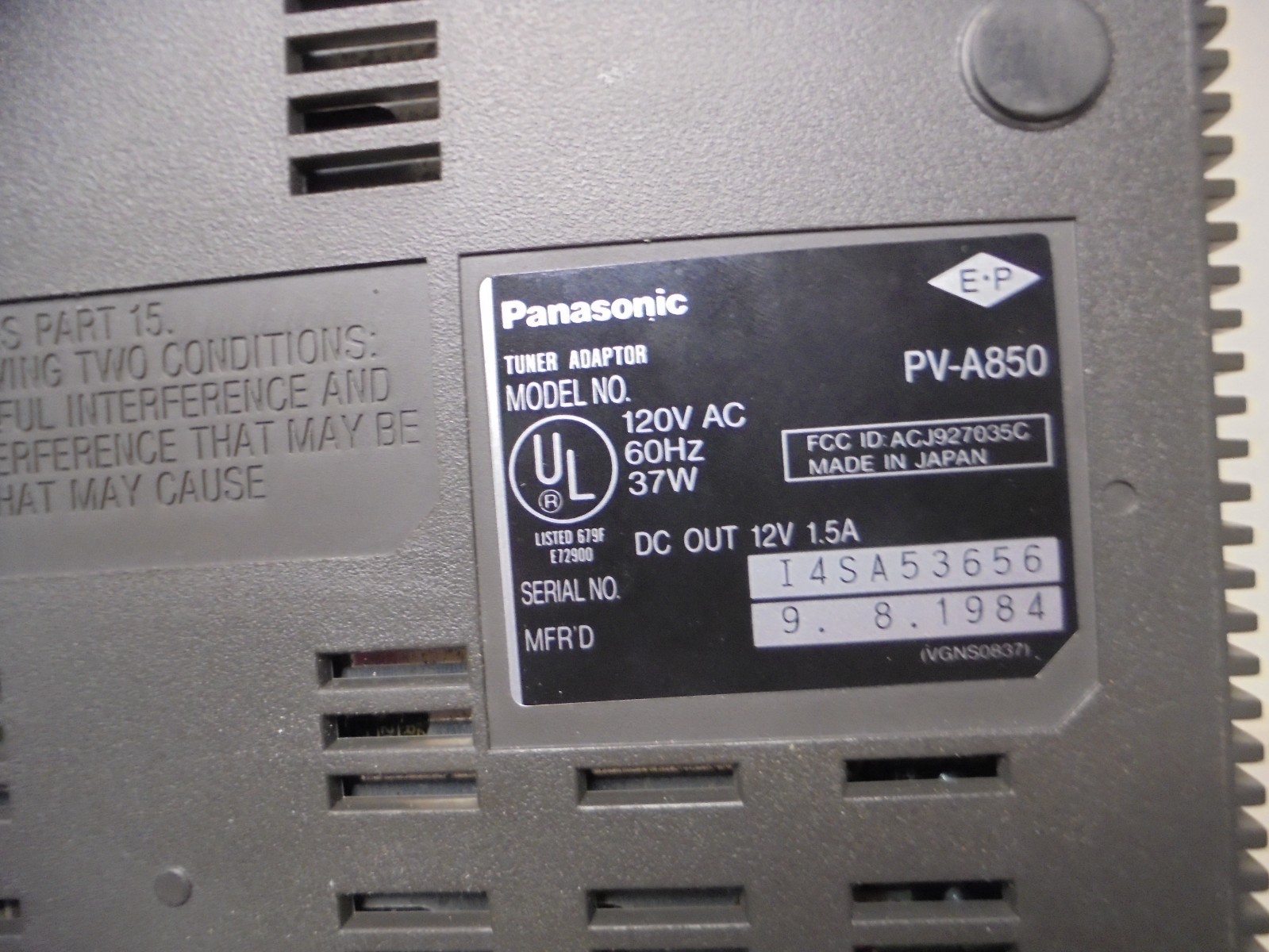 Panasonic PV-A850 Omnivision Programable Timer Tuner Adapter, PARTS!!