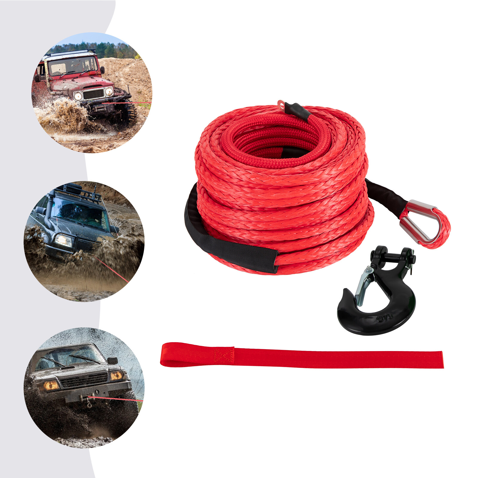 3/8"x100' Synthetic Winch Rope w/ Hook Winch Cable w/Protective Sleeve New