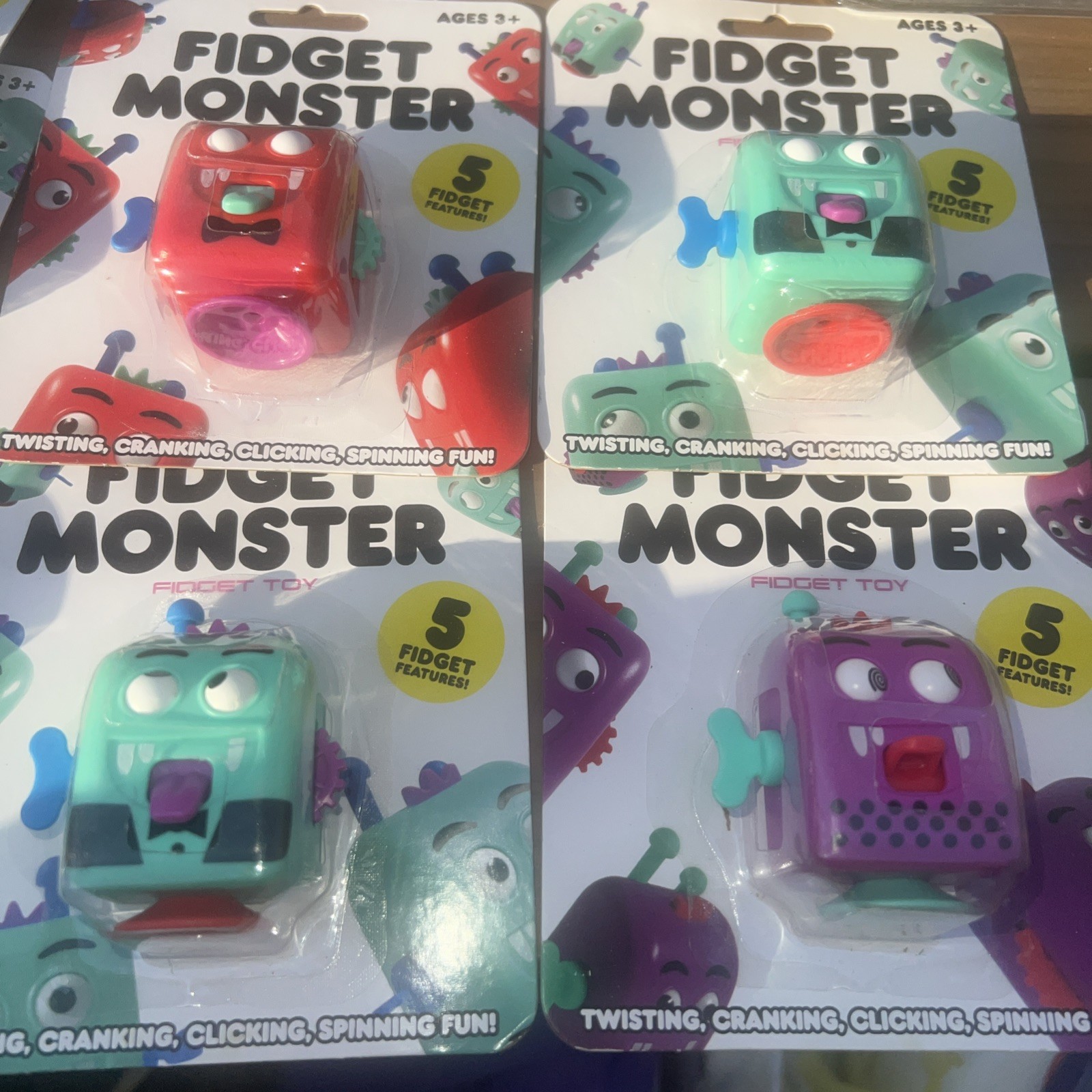 Lot Of 4 New FIDGET MONSTER Fidget Toys: Toy Twist Cranks Spins Party Favors