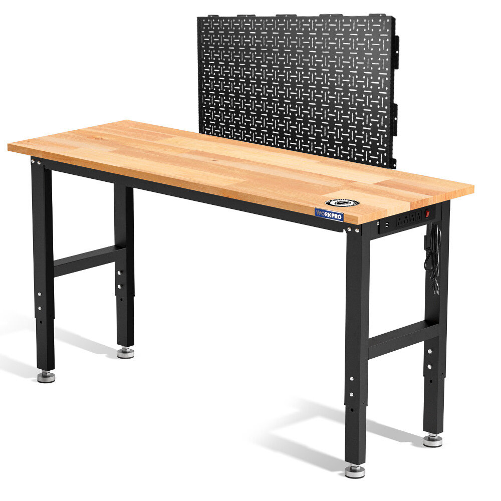 WORKPRO 48" Adjustable Workbench Rubber Wood Top w/2 Pack 16"x32" Metal Pegboard