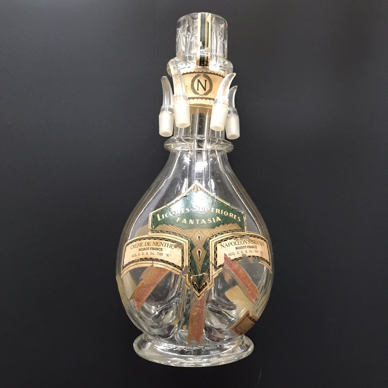 RARE Vintage Bottle Licores-Superiores 4 Chambers with 4 Glass Stoppers FRANCE