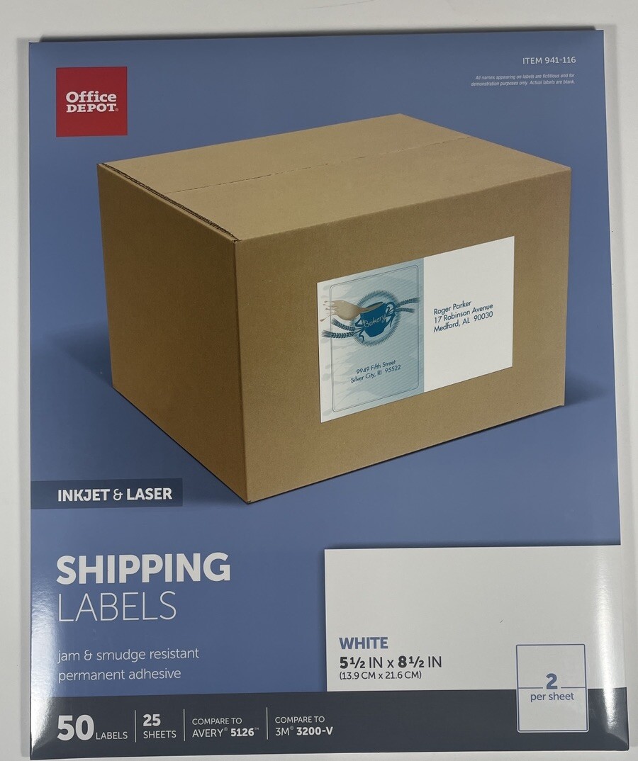 Office Depot Inkjet Laser SHIPPING LABELS 5 1/2 x 8 1/2" White 50-Pack permanent