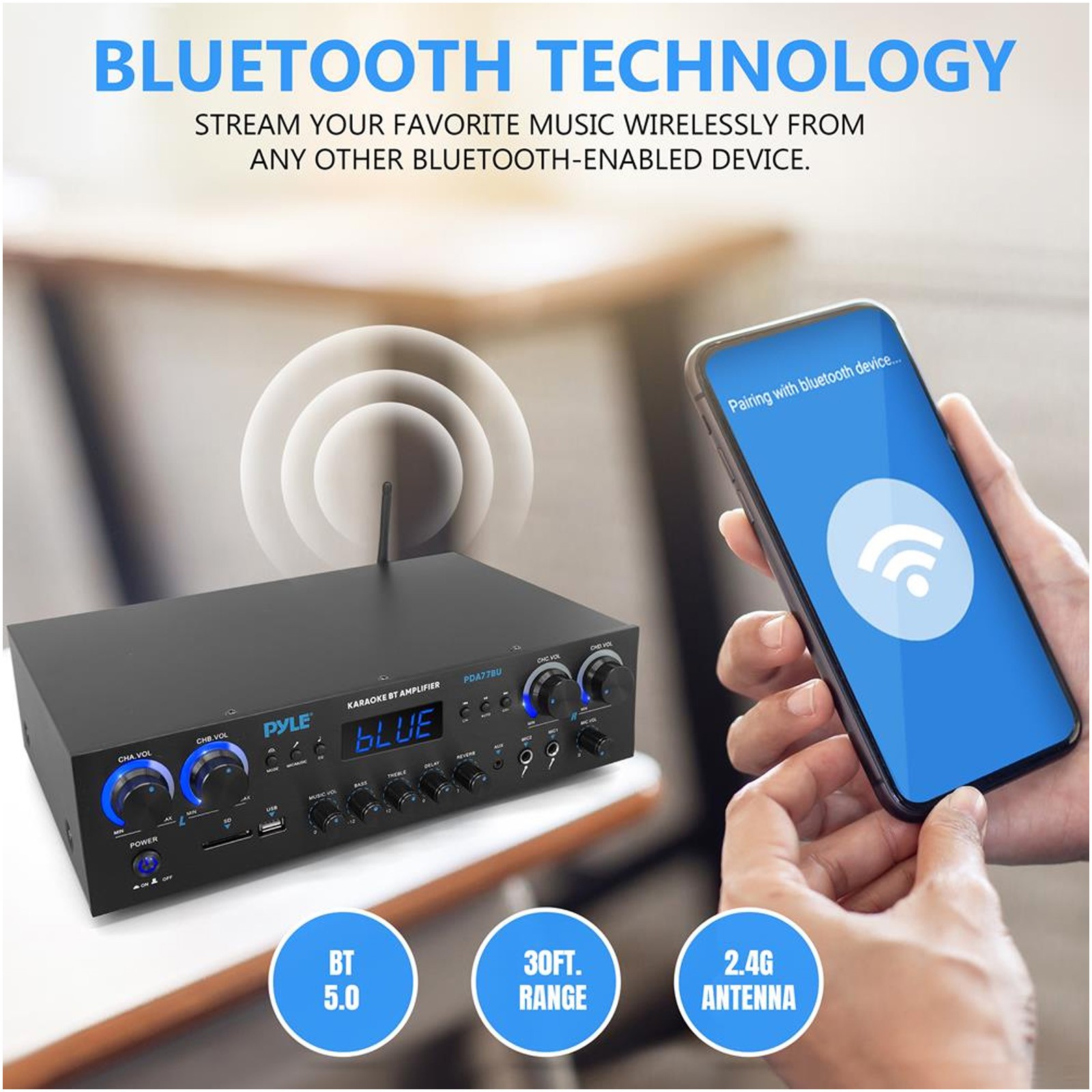 Pyle PDA77BU 4-Channel Home Audio Bluetooth Receiver, 2x 4" White Speaker, Wire
