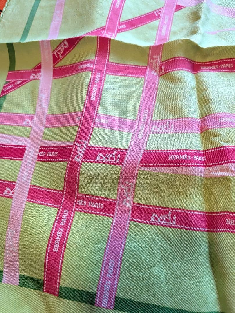 Cleaned Hermes Carre 45 Bolduc Ribbon Pattern Yellow Green Pink