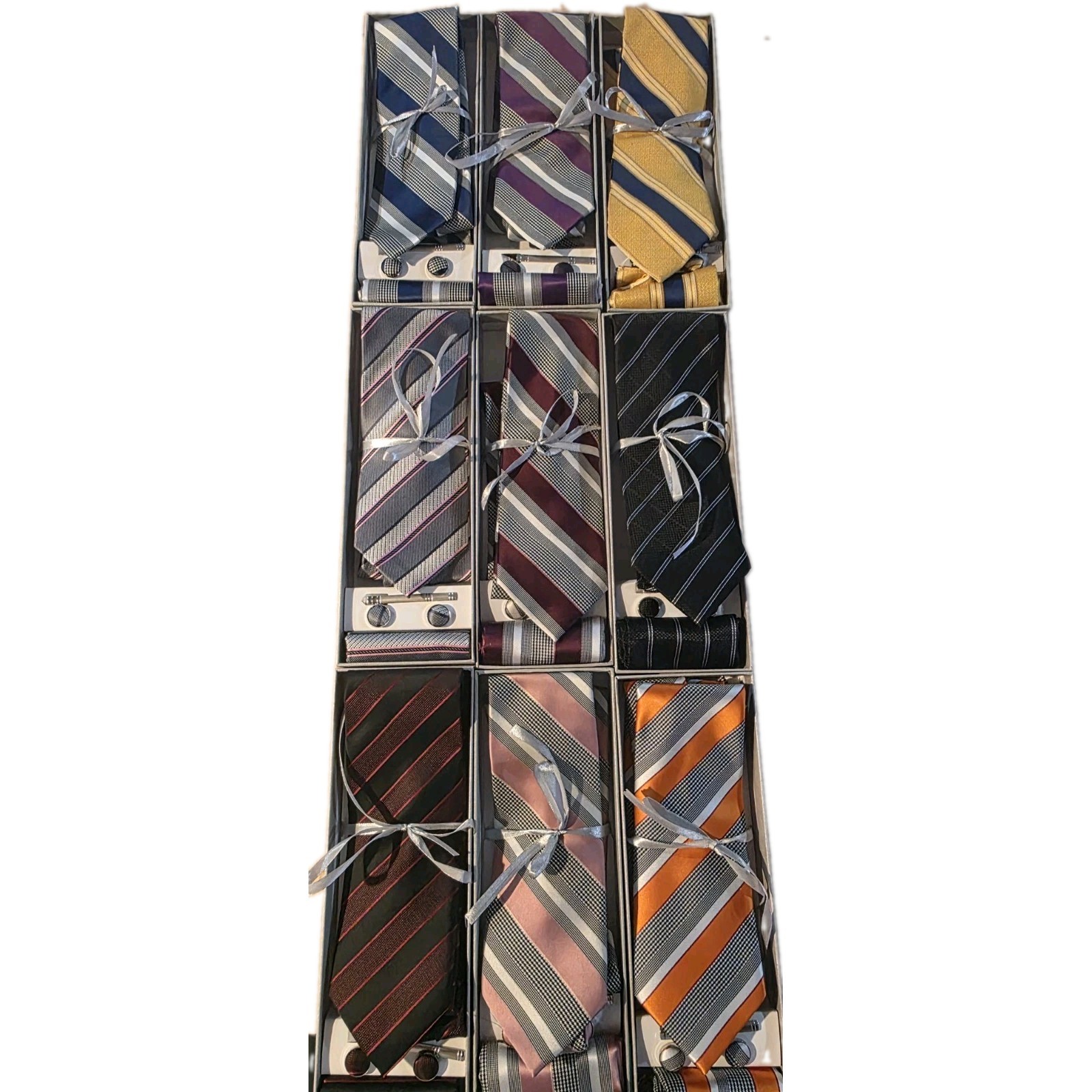 Elegant set of 9 DiBangu Silk ties with pocket squares. Different Colors.