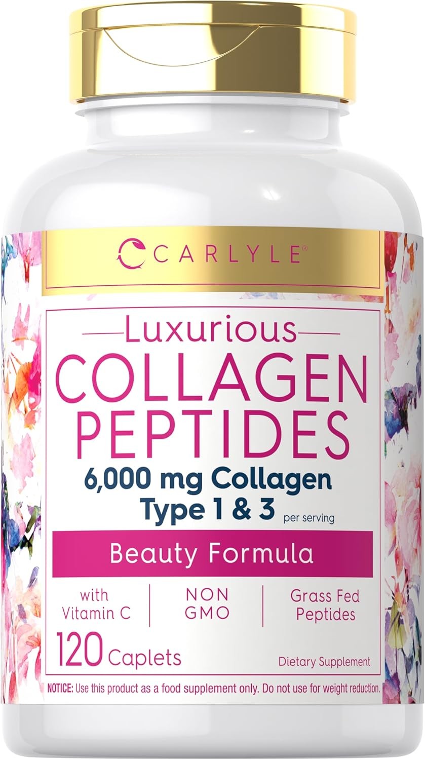 Collagen Peptides Pills 6000 mg | 120 Caplets | Type 1 & 3, Vitamin C | Carlyle