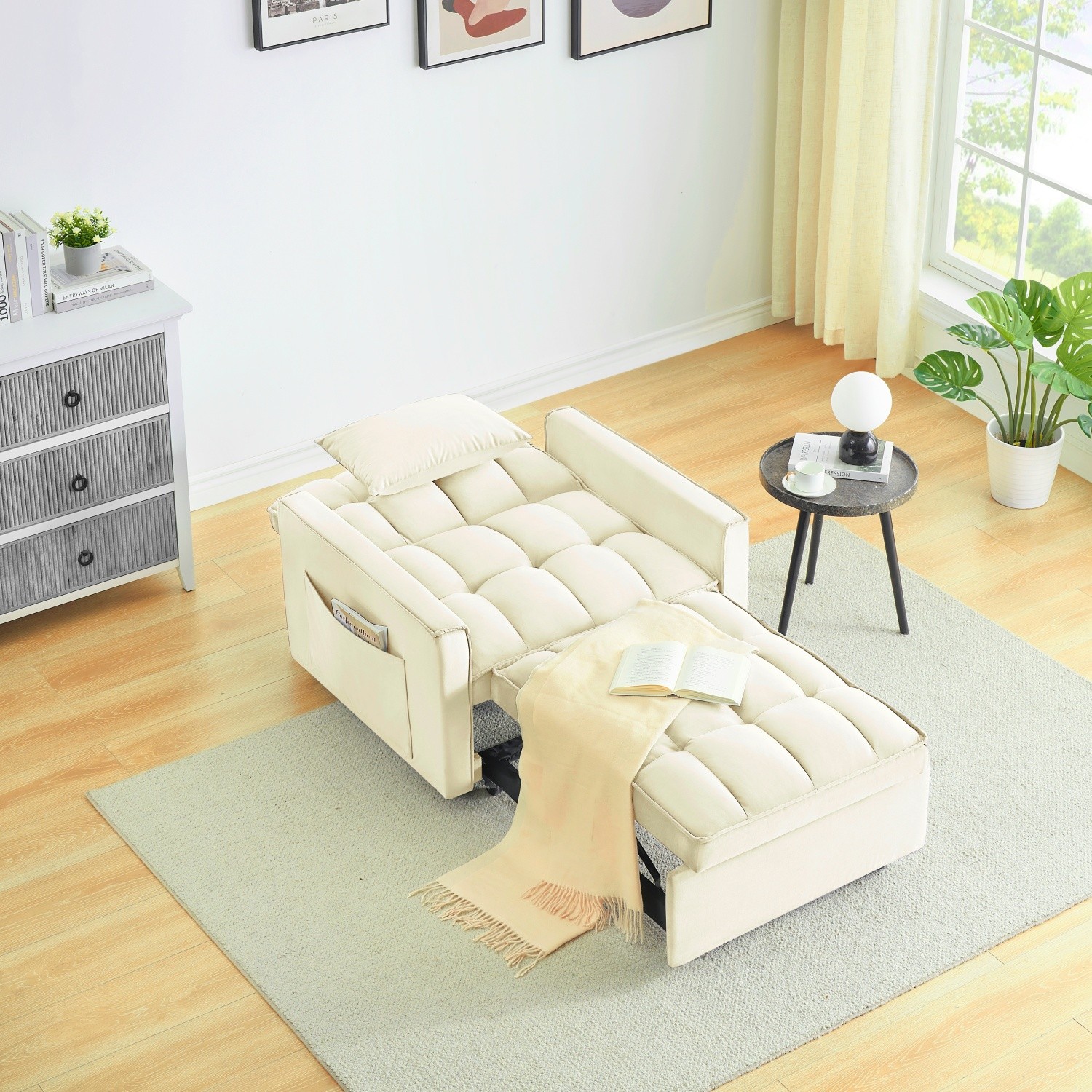 Modern Velvet Convertible Sofa Bed 3 in 1 Folding Adjustable Back Sleeper Chair