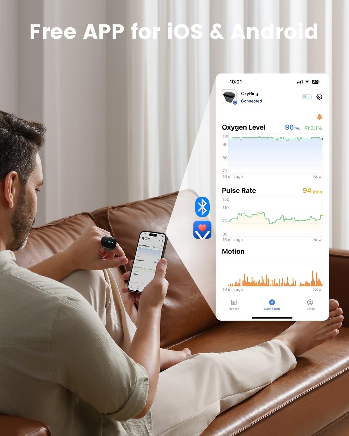 Vibeat OxyRing Pulse Oximeter Wearable Bluetooth Sleep Heart Rate Monitor w/ APP