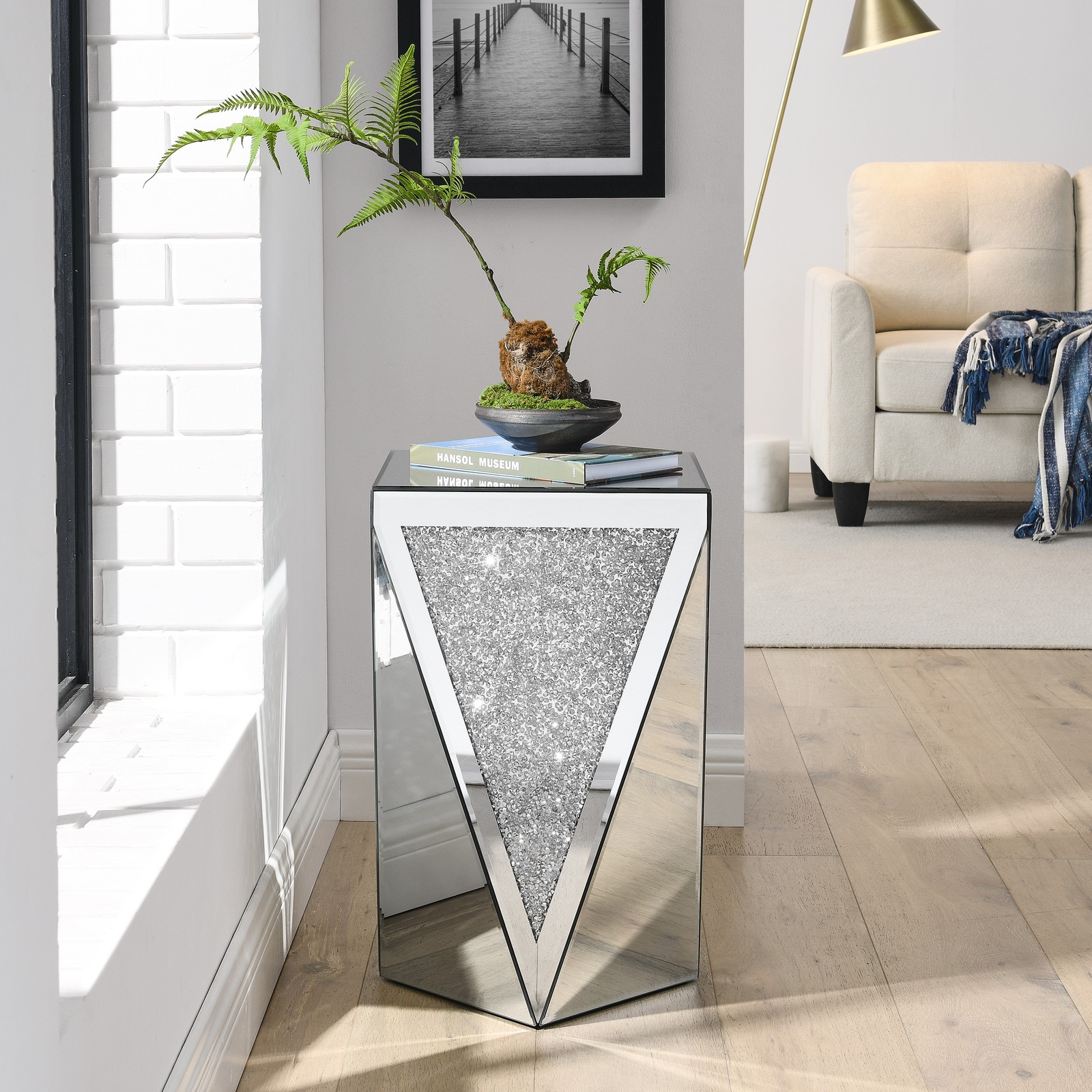 Inverted triangular mirror square table, crystal diamond inlaid coffee table, si