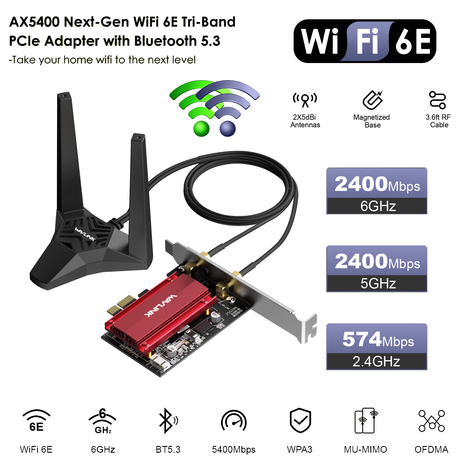 AX5400 WiFi 6E Bluetooth 5.3 PCI-E Network Adapter Card Wifi Antenna for Desktop