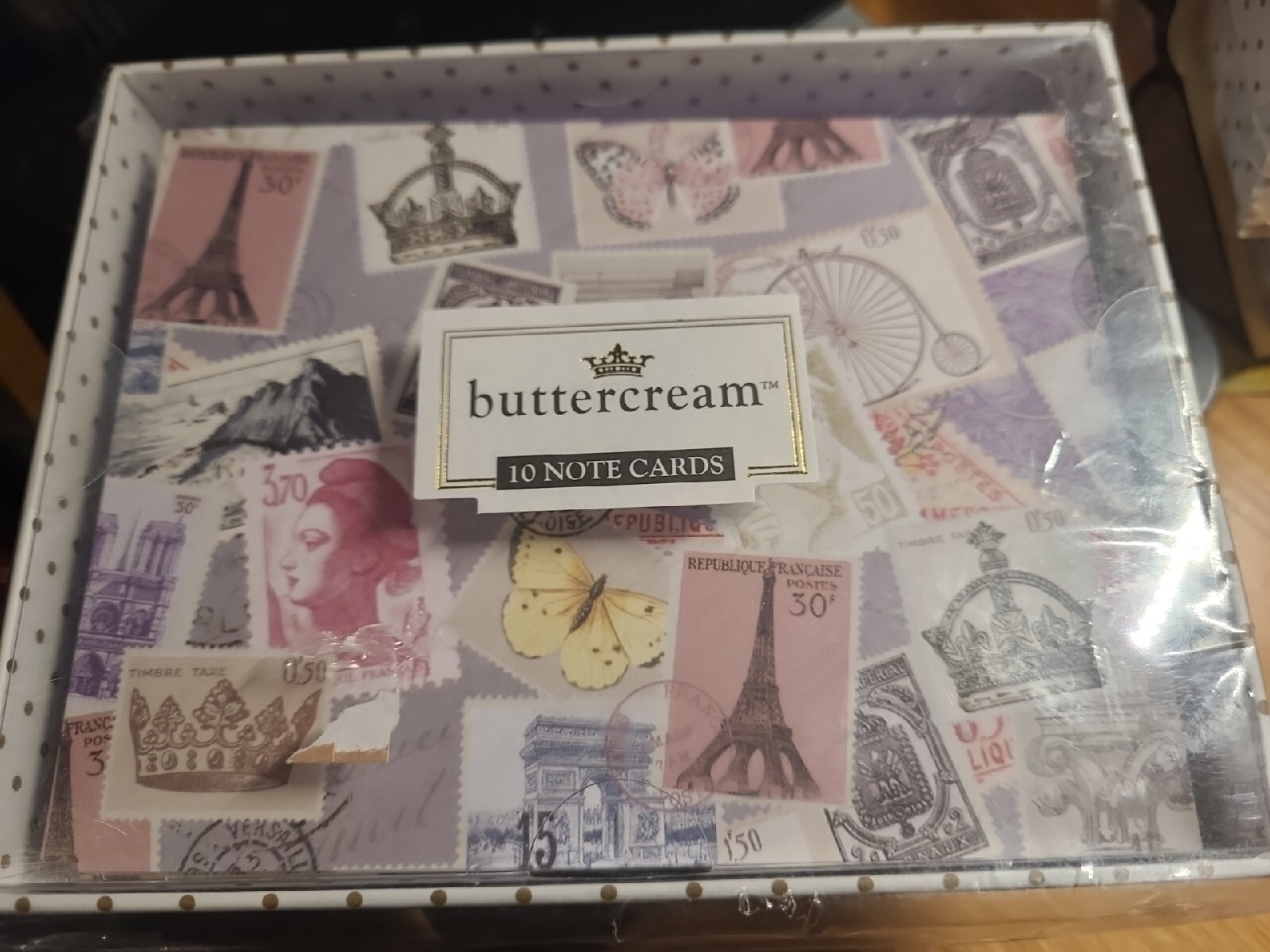 Buttercream 10 Note Cards Paris French Postage Merci Bonjour NEW With Envelopes