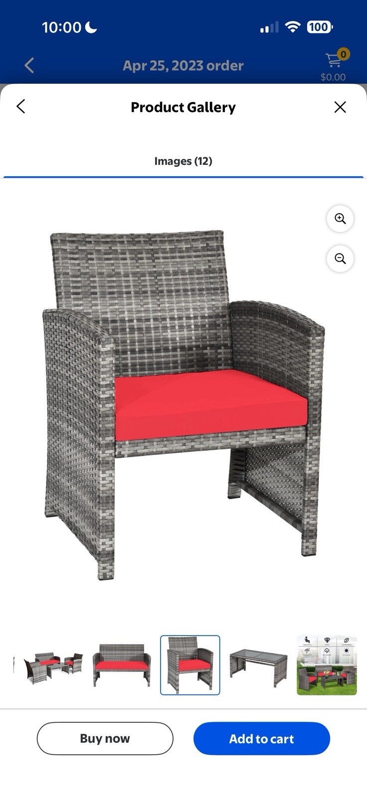 Costway 4PCS Patio Rattan Conversation Glass Table Top Cushioned Sofa Red