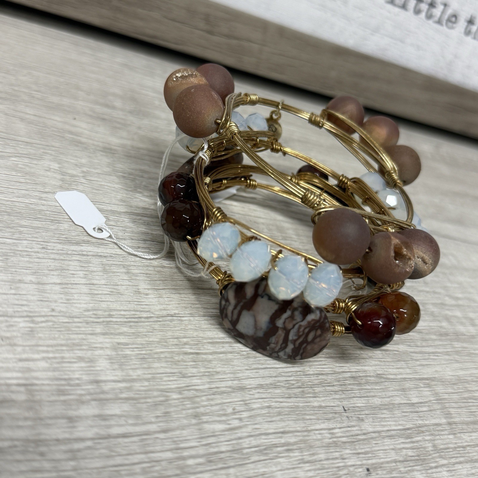 Curated Earthy Boho Bracelet Stack Wire Wrapped Agate Opalescent Artisan