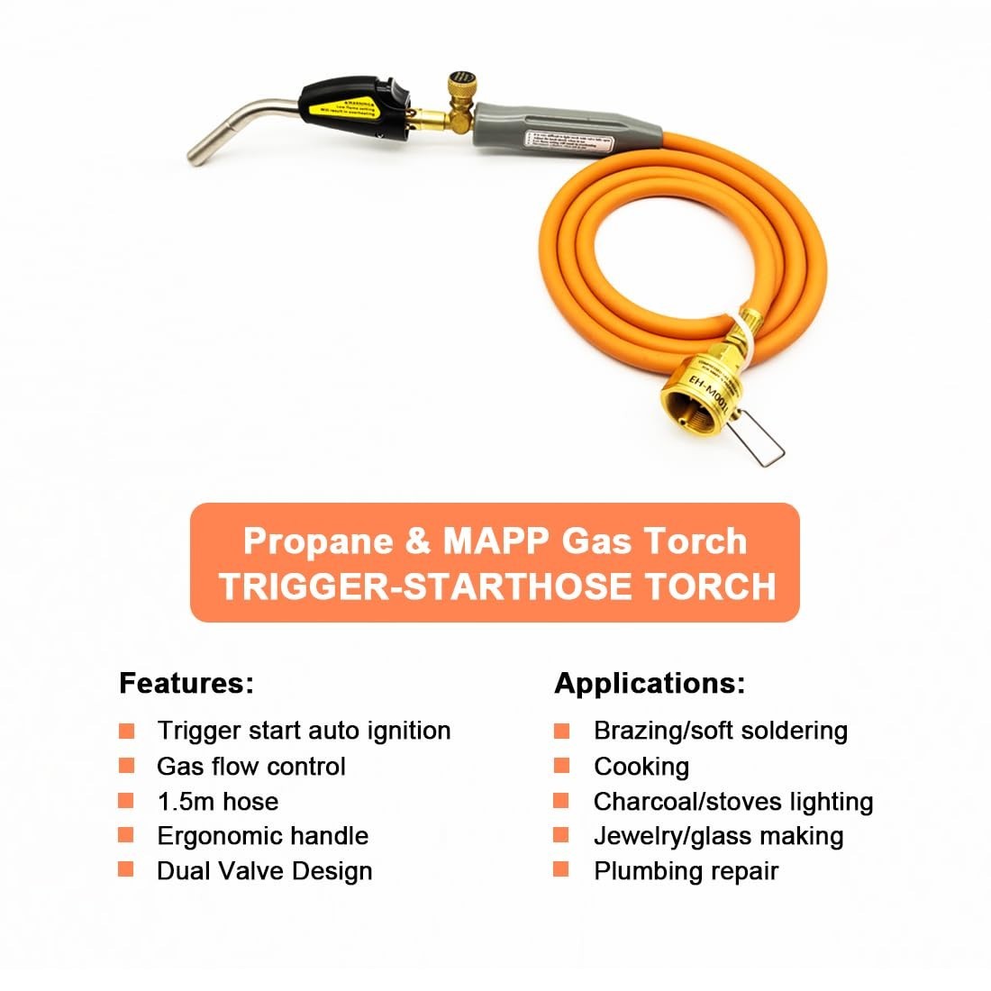 Propane Torch Head, Mapp Gas Torch with Trigger Start, Adjustable Flame Knob