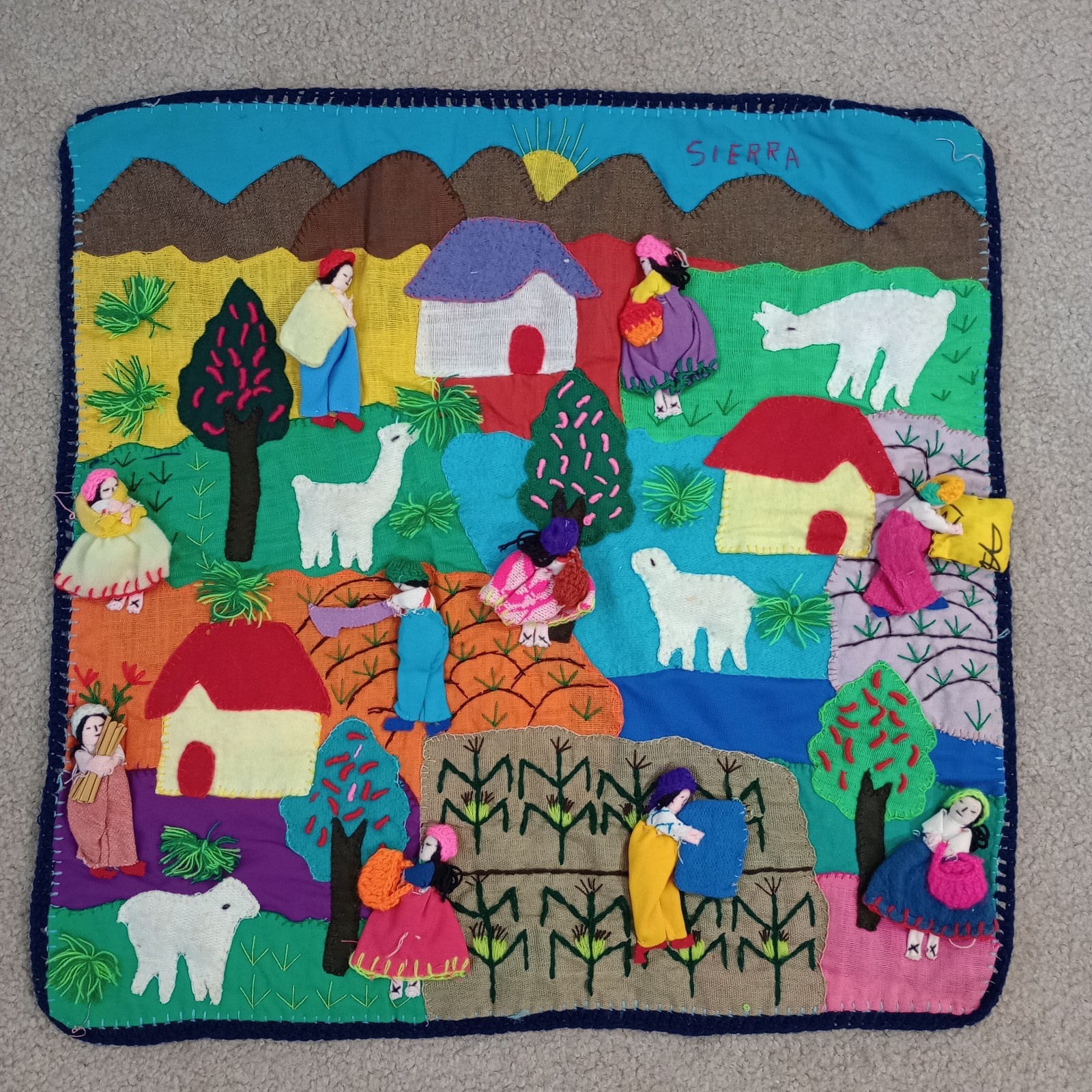 Peruvian Arpillera 3D Applique Folk Art 19”x19” Cotton Wall Art/Tapestry