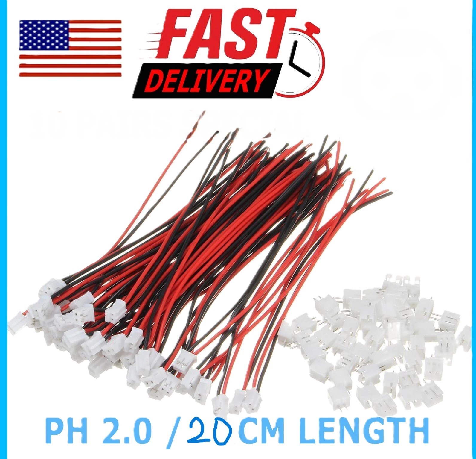 Mini Micro JST 2.0 PH 2-Pin Connector Plug with 20cm Wires Cables Wholesale