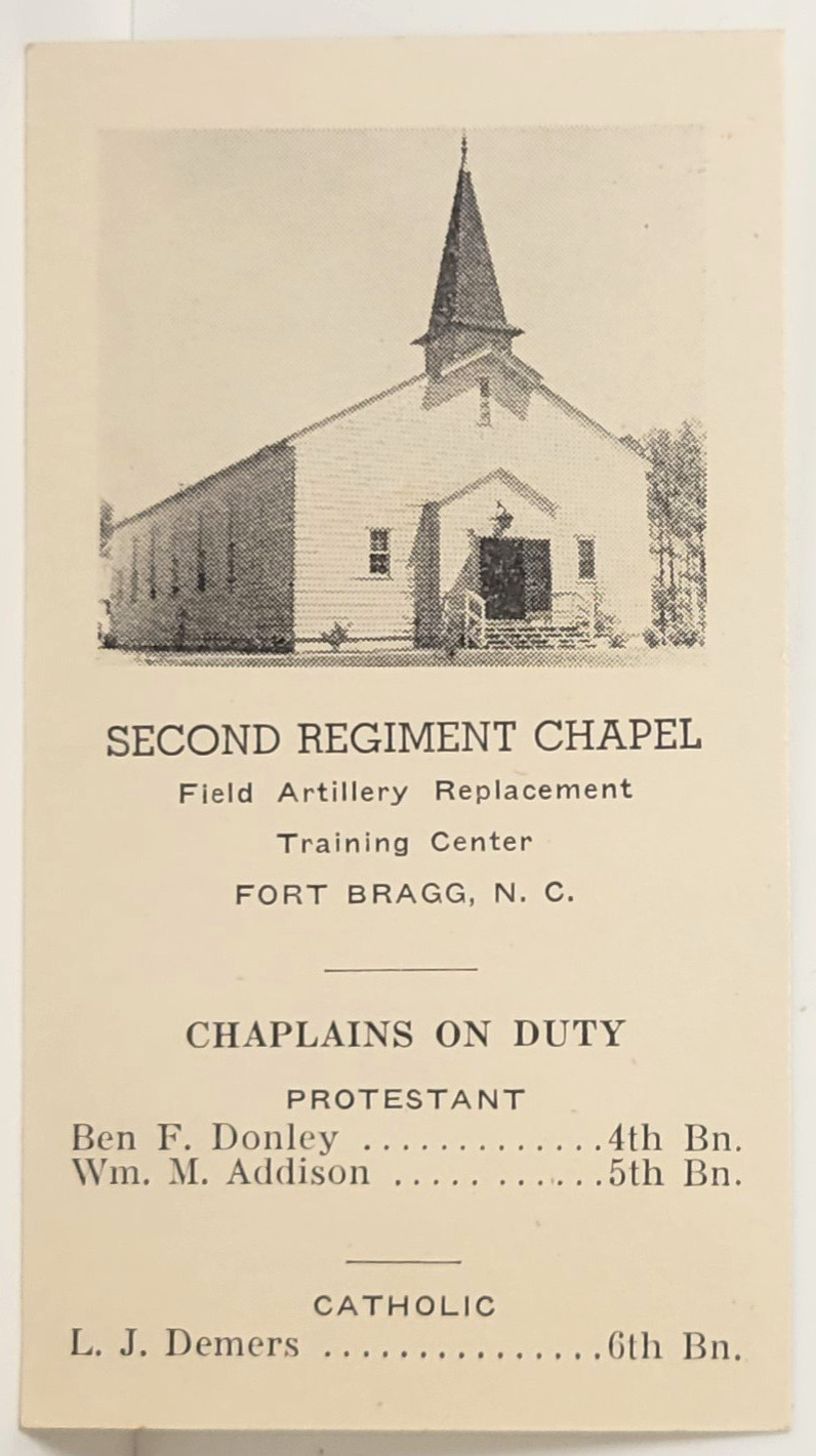 2nd Regiment Chapel Field Artillery Replacement Fort Bragg NC WWII Card D77