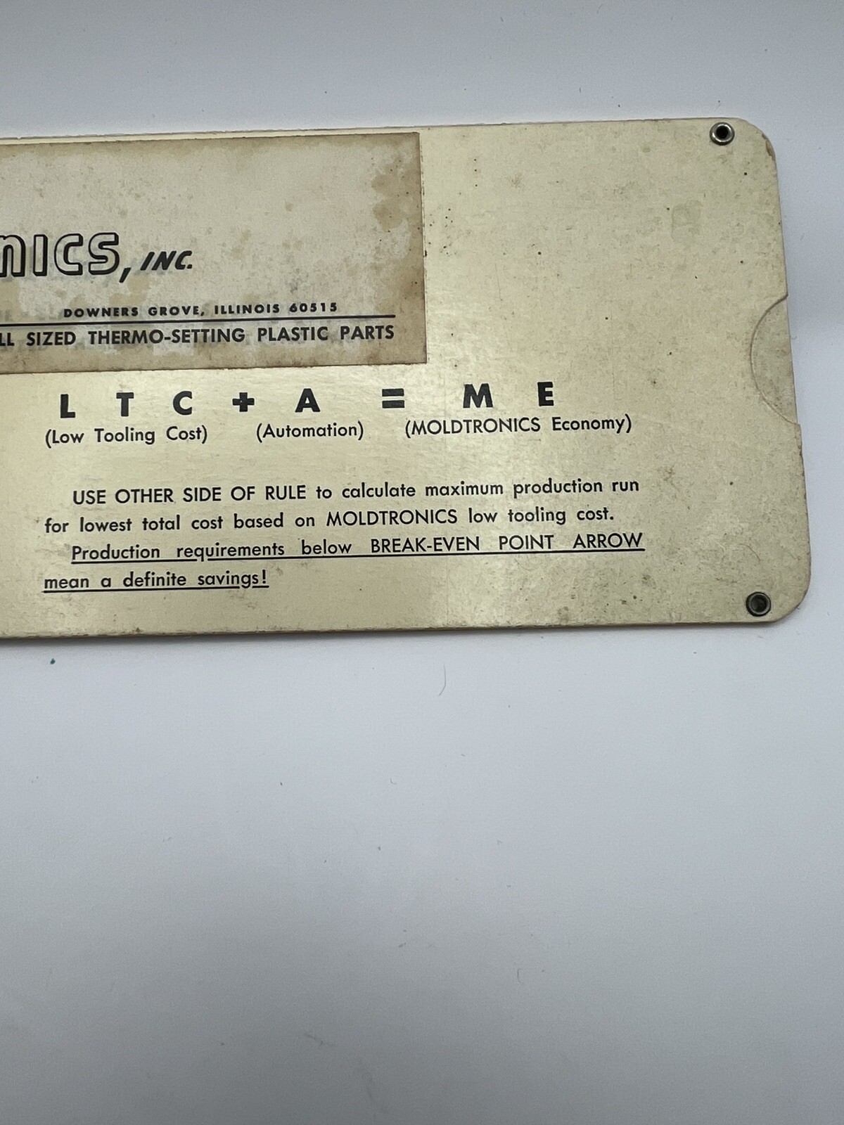 Vintage Tooling Break-Even Point Calculator Moldtronics Perrygraf IL