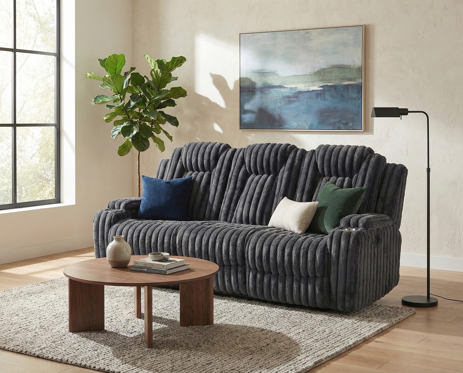 Reclining Sofa w/ Cup Holders Dark Gray Corduroy 3 Seater Living Room Furniture