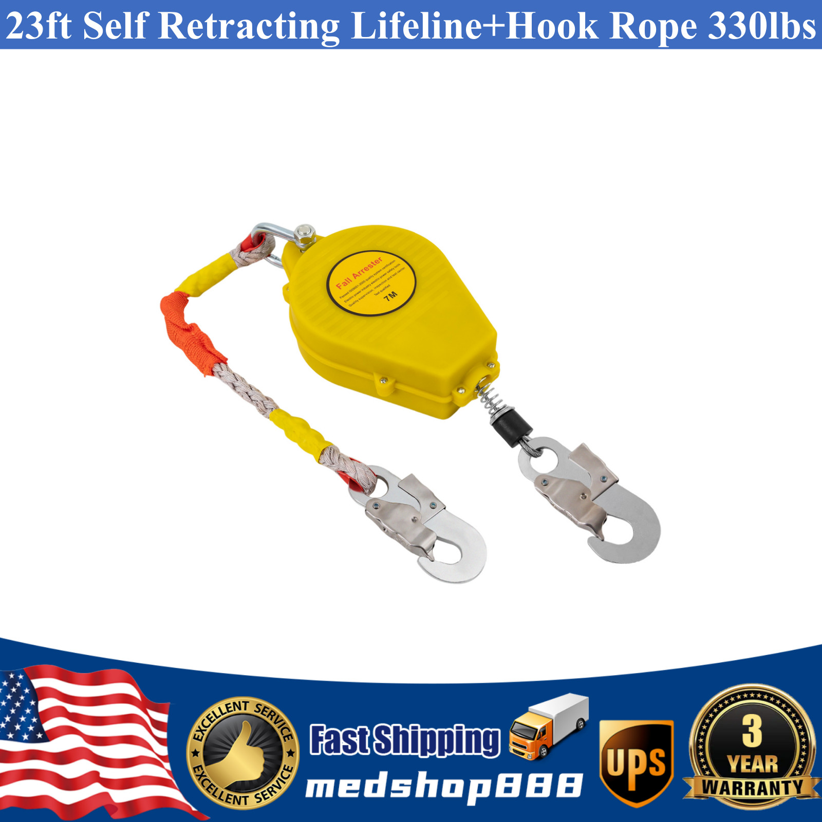 23ft Self Retracting Lifeline Lanyard Fall Arrester Protection+Hook Rope 330lbs