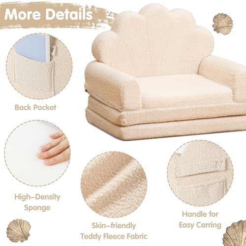 2-in-1 Kids Couch, Toddler Couch Fold Out, Comfy Toddler Chair, Beige