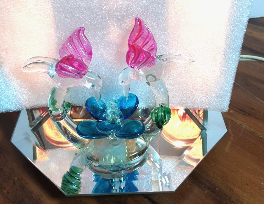 Lighted Mirrored Glass Floral Accent Lamp W/hummingbirds Hand Blown Flowers