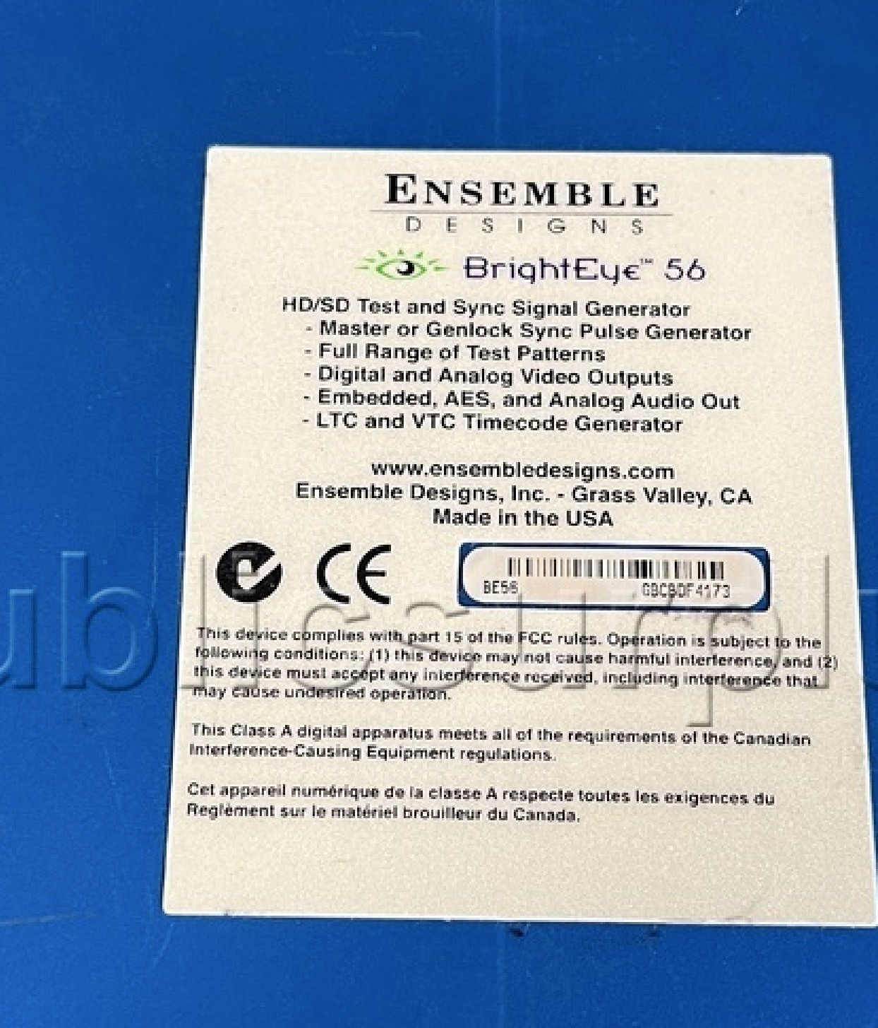 Ensemble Designs BrightEye 56 HD/SD/Analog Test Signal and Sync Pulse Generator