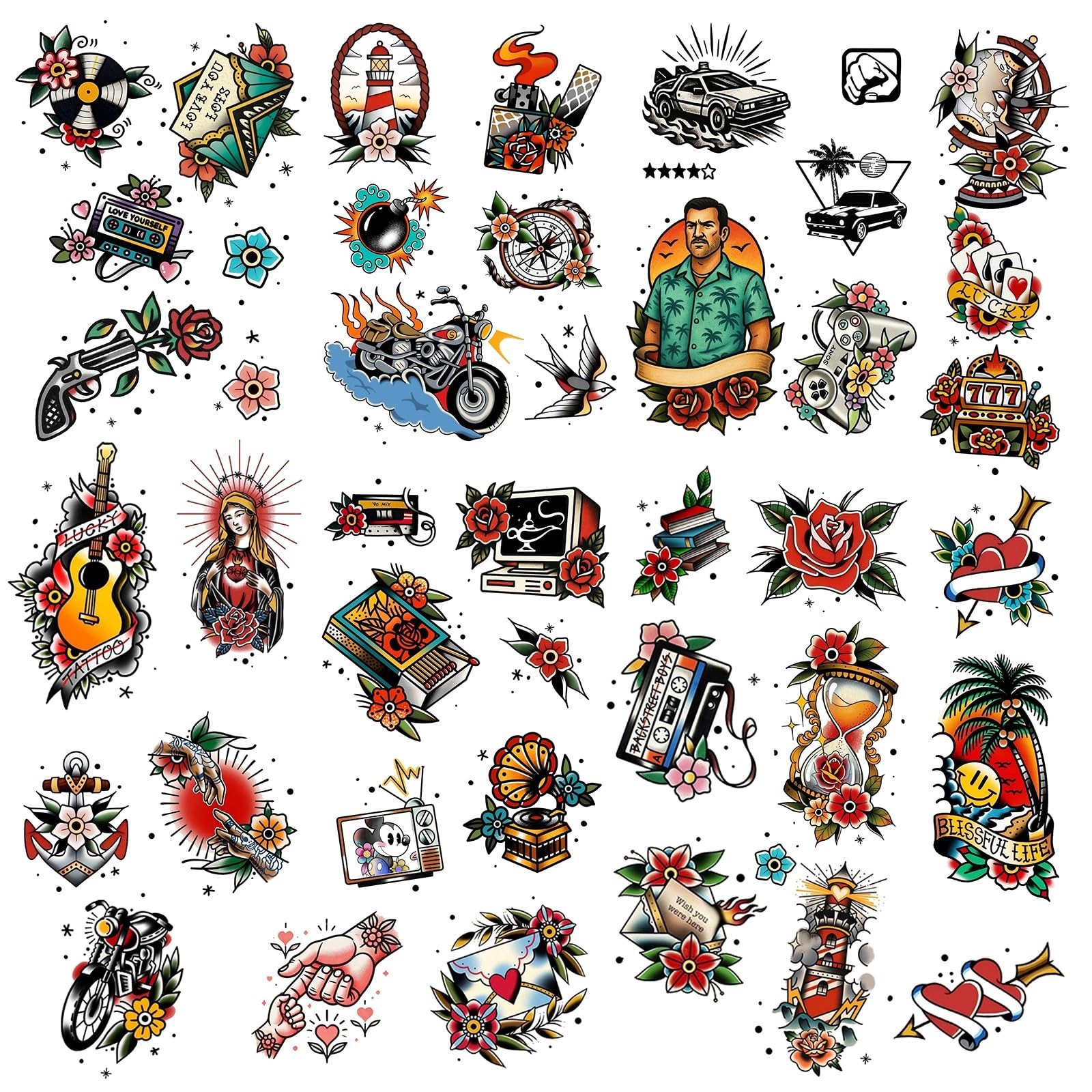 Classic Retro Waterproof Temporary Tattoos, 42 Pack, American Traditional Sty...