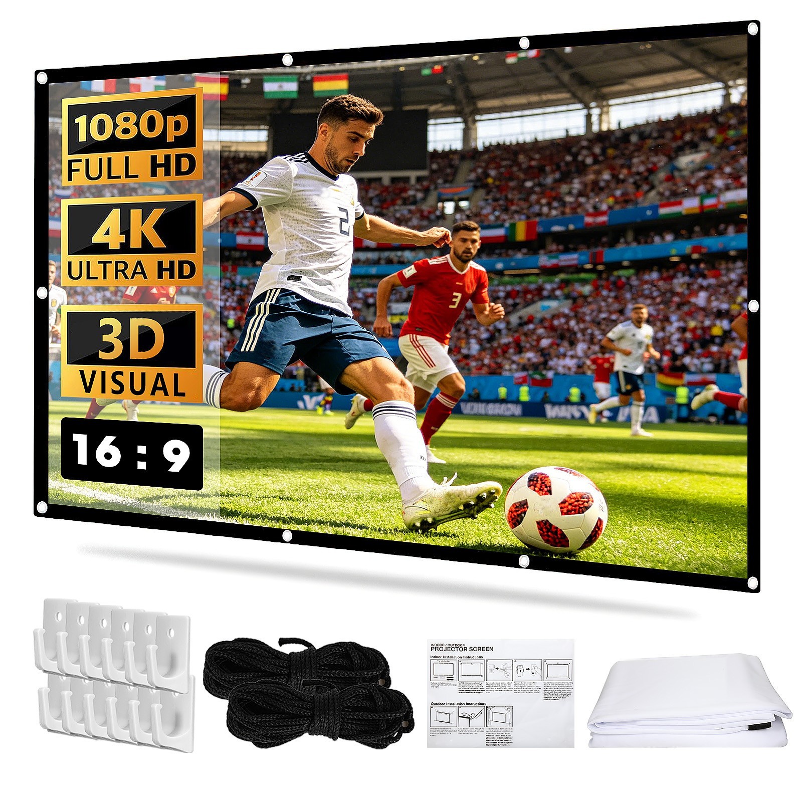 Portable Foldable Projector Screen 4K 16:9 HD Anti-Crease Outdoor Home Cinema 3D