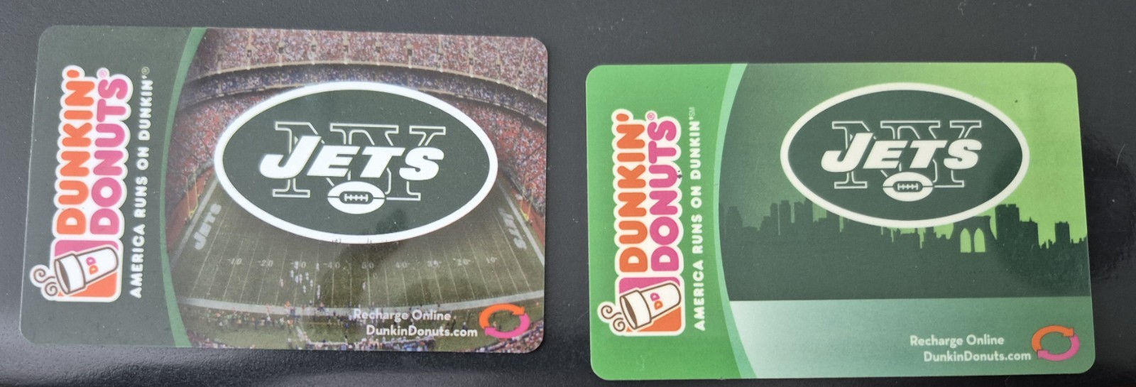 New Never Used 2 Dunkin Donuts Gift Card NEW YORK JETS - year 2008 & 2007